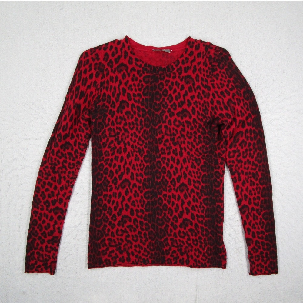 Neiman Marcus Cashmere Sweater Womens Red Black Leopard Animal Print Crew Neck